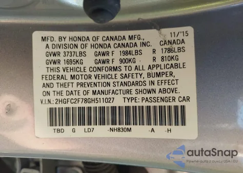 2016 Honda Civic Ex from USA, damaged, VIN 2HGFC2F78GH511027